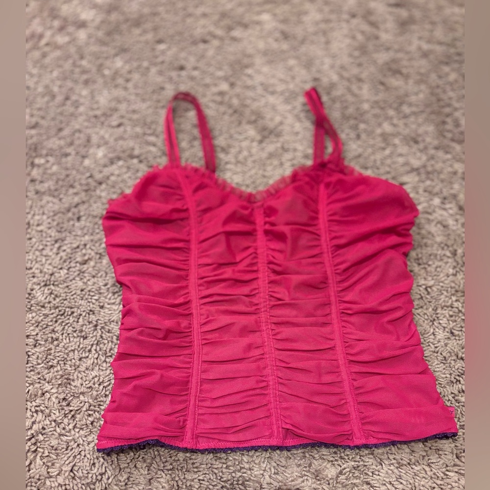 DKNY Pink Sheer Corset Top Purple lace bottom Tank top Size Small VTG sleepwear